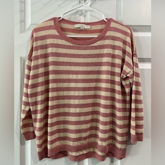 Loft Linen Blend Sweater Lightweight Pink Striped Metallic Beachy Casual Size M - Picture 1 of 6